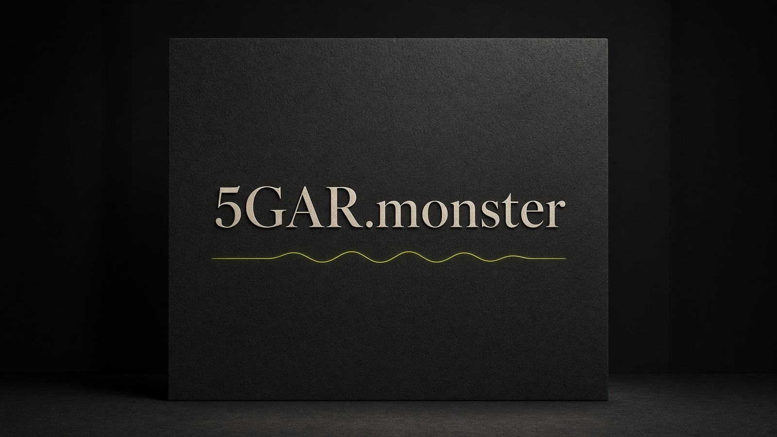 5GAR.monster set in serif type on a dark stone panel with a single chartreuse signal line